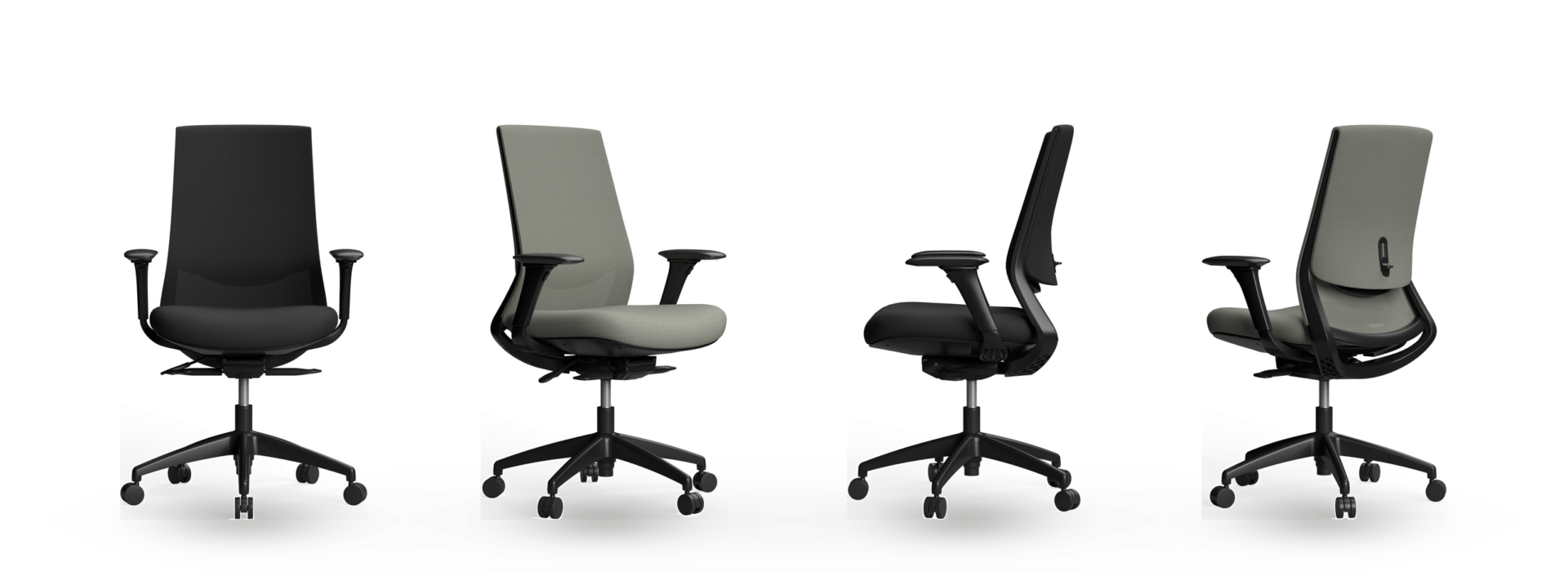Laine task chair shown from four angles in Black and Grey
